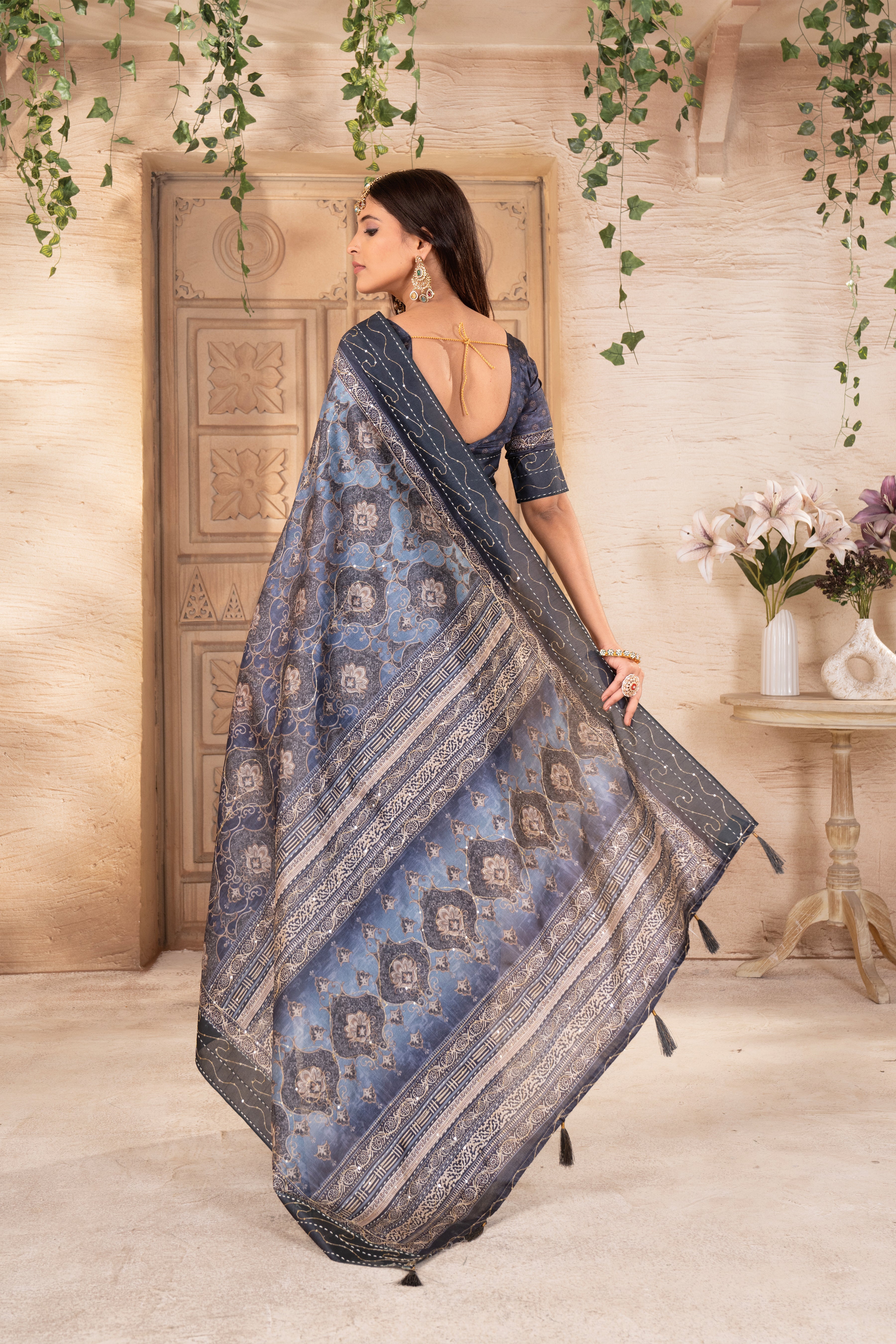Grey Multi Tussar Silk Ajrak Saree